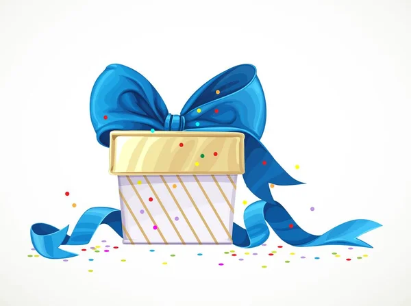 白い背景に隔離されたコンフェッティと列青い弓と白い箱の休日の贈り物 — ストックベクタ