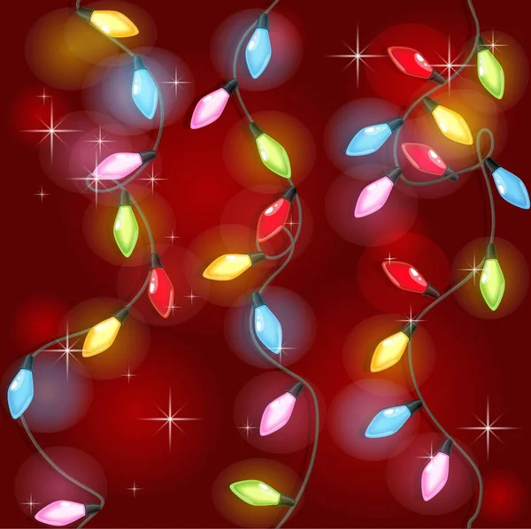 赤い背景にクリスマスカラフルなガーランドのシームレスなテクスチャ — ストックベクタ
