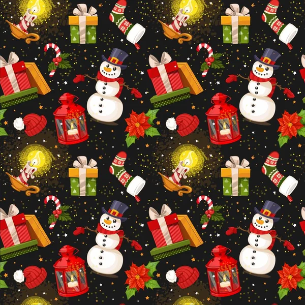 Nahtloser Weihnachtsschmuck Mit Kerzen Hut Geschenken Und Taschenlampe Auf Schwarzem — Stockvektor