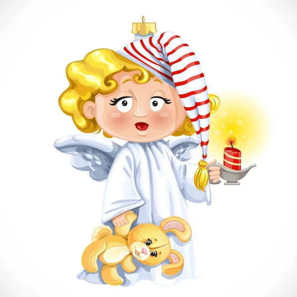 Рождественские Украшения Игрушка Маленький Ангел Подсвечником Свечой Изолированы Белом Фоне — стоковый вектор