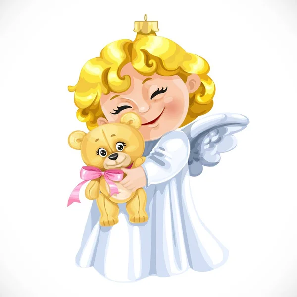 圣诞树装饰玩具金发碧眼的小天使抱着一只被白色背景隔离的泰迪熊 — 图库矢量图片