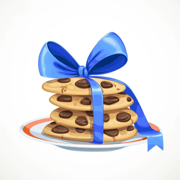Biscuits Aux Pépites Chocolat Attachés Avec Noeud Sur Une Plaque — Image vectorielle