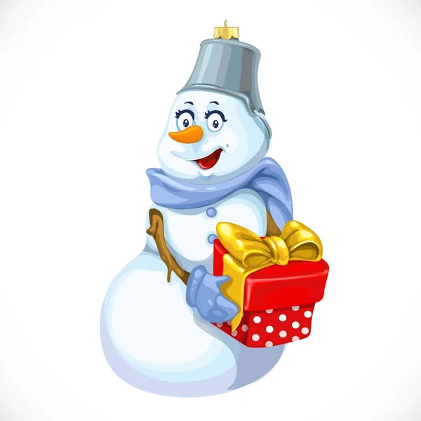 Weihnachtsbaumschmuck Spielzeug Schneemann Mit Einem Geschenk Isoliert Auf Weißem Hintergrund — Stockvektor