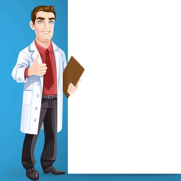 Lindo Médico Masculino Abrigo Médico Muestra Gesto Pulgares Hacia Arriba — Vector de stock