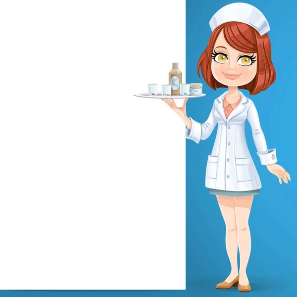 Enfermeira Menina Bonito Segurar Uma Bandeja Com Vidro Pílulas Perto —  Vetores de Stock