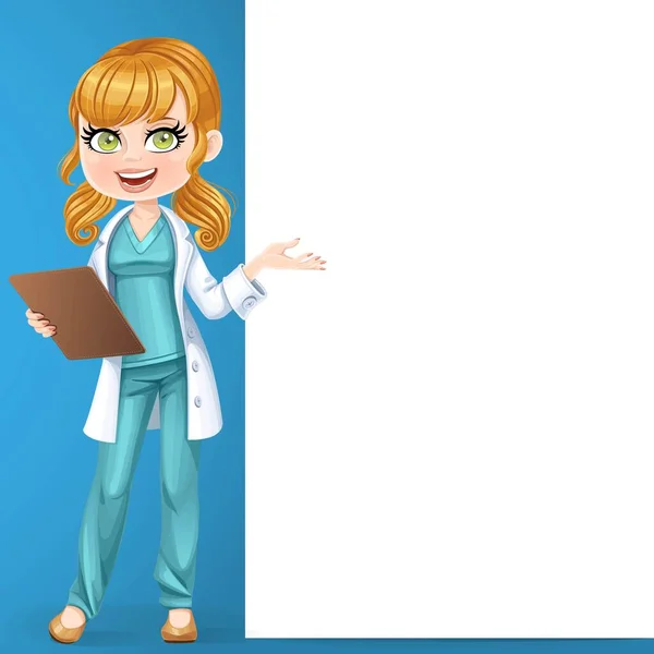 美しいです女の子医師でAホワイト医療コートショージェスチャー親指アップ孤立した上にホワイト背景 — ストックベクタ
