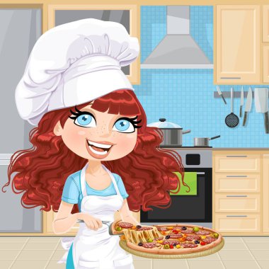 Şirin kıvırcık saçlı aşçı kız içteki hafif, mavi fayanslı klasik ahşap mutfakta pizza tatmayı teklif ediyor.