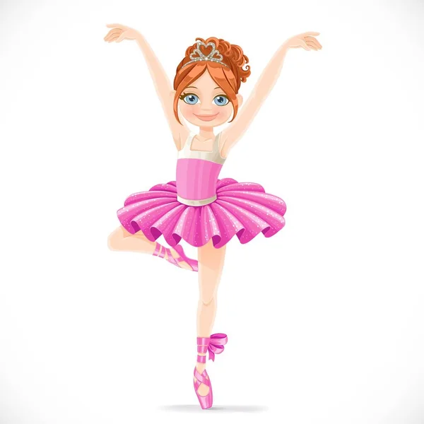 Ballerina Girl Pink Tutu Dancing One Leg Isolated White Background — Stock Vector