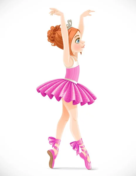バレリーナ女の子ともに壮大なヘアドレスとDiademで髪でピンクのドレスダンス孤立した上に白の背景 — ストックベクタ