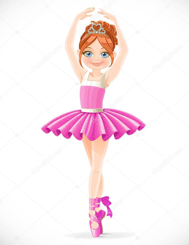 Ballerina girl with a diadem in hair dancing on toes isolated on white background