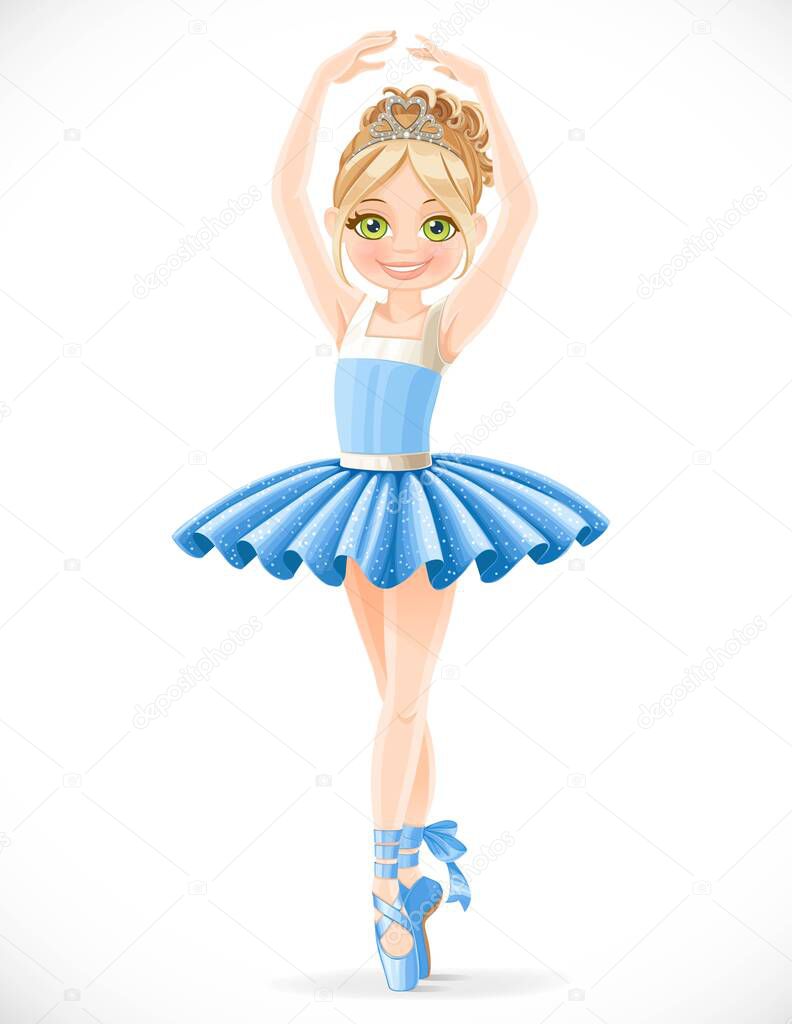 Ballerina girl with a diadem in hair dancing on toes in pointe shoes isolated on white background