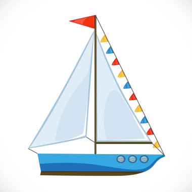 Büyük üçgen yelkenli ve beyaz arka planda izole edilmiş bayrakları olan oyuncak bir yat.