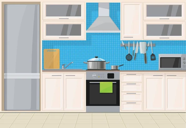 Interior Luz Clásica Cocina Madera Con Azulejos Azules — Vector de stock