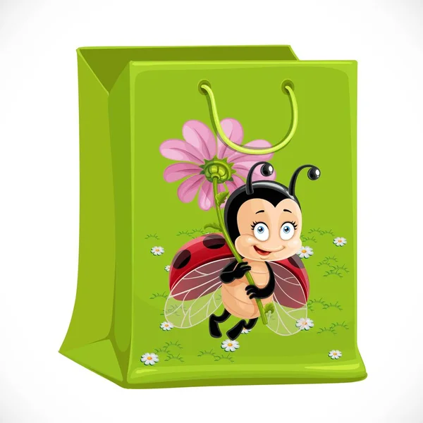 Green Gift Bag Picture Ladybug Isolated White Background — Stock Vector