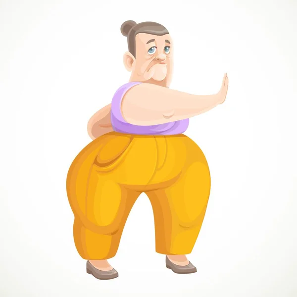 卡通角色成熟的退休祖母做气功锻炼 使她的身体在白色背景下孤立起来 — 图库矢量图片