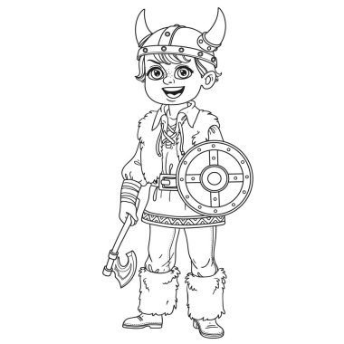 Viking kostümlü yakışıklı çocuk boyama sayfası için özetlenmiş.