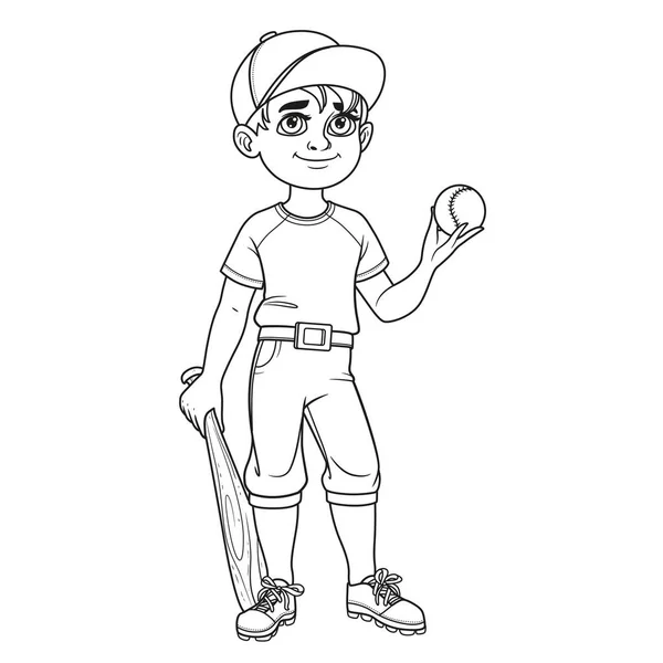 Roztomilý Chlapec Baseballovém Obleku Míčem Bat Obrysu Pro Zbarvení Stránky — Stockový vektor