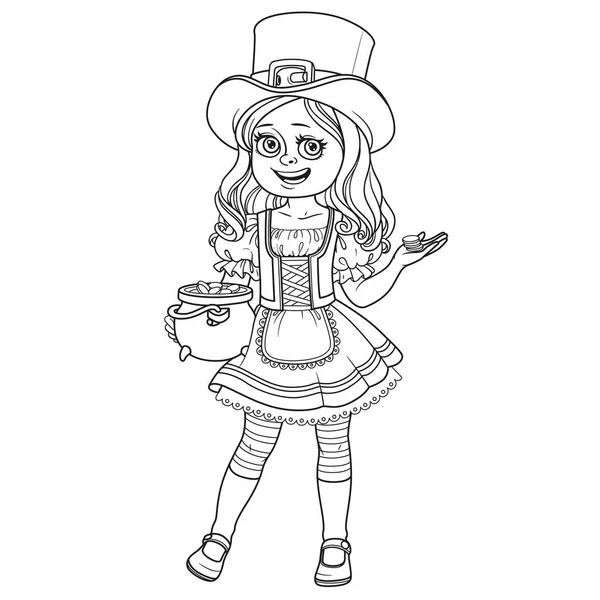 Cute Girl Leprechaun Costume Pot Gold Outlined Coloring Page — Stock Vector