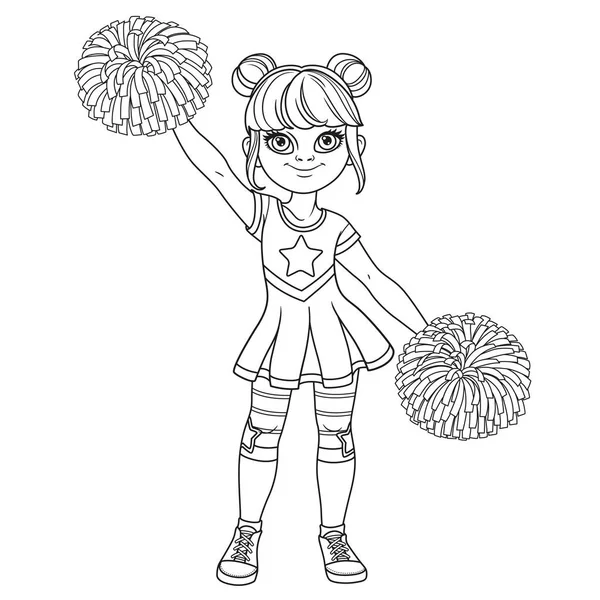 Cute Girl Stroju Cheerleaderki Dużymi Pomponami Nakreślone Dla Kolorowanki — Wektor stockowy
