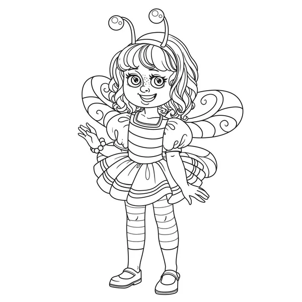 Cute Girl Bee Costume Outlined Coloring Page — Stock Vector