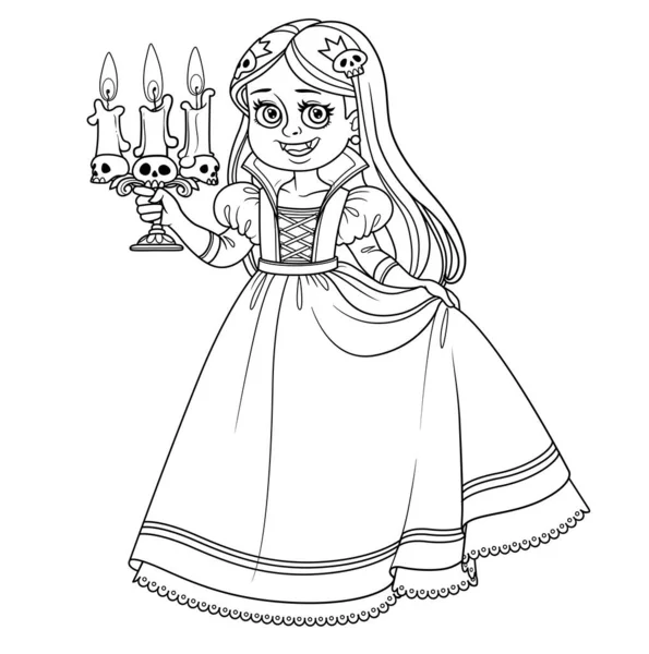 Cute Girl Carnival Costume Vampire Candlestick Hand Outlined Coloring Page — Stock Vector