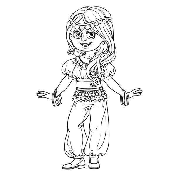 Cute Girl Eastern Dancer Costume Outlined Coloring Page — Stock Vector