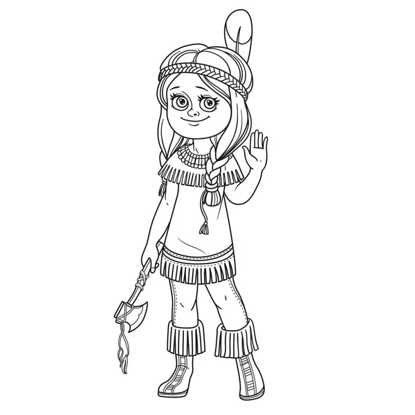 Cute Girl Indian Costume Outlined Coloring Page — Stock Vector