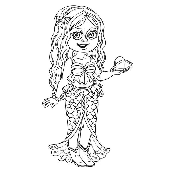 Linda Chica Traje Sirena Delineado Para Colorear Página — Vector de stock