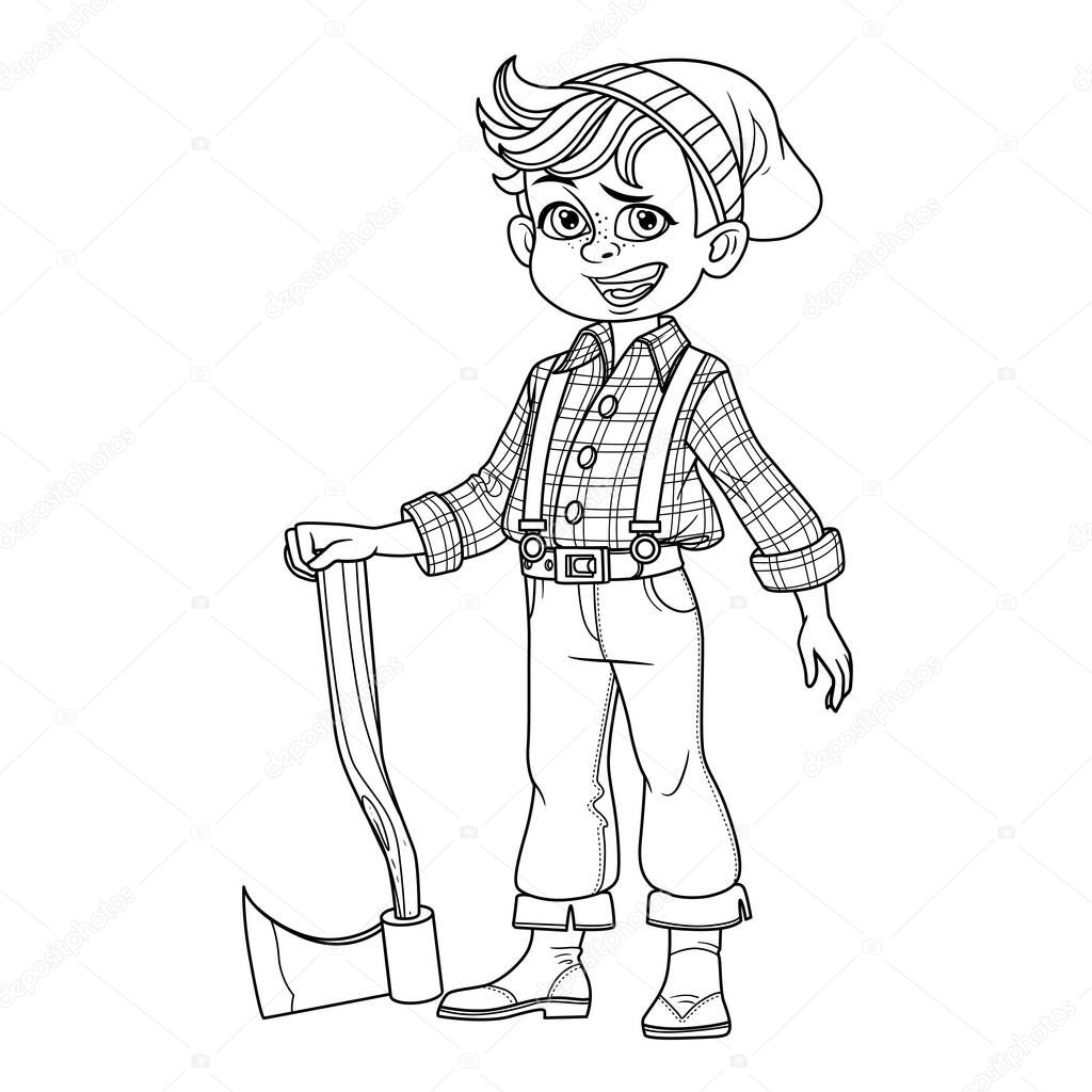 Cute boy in a lumberjack suit with an ax outlined for coloring page