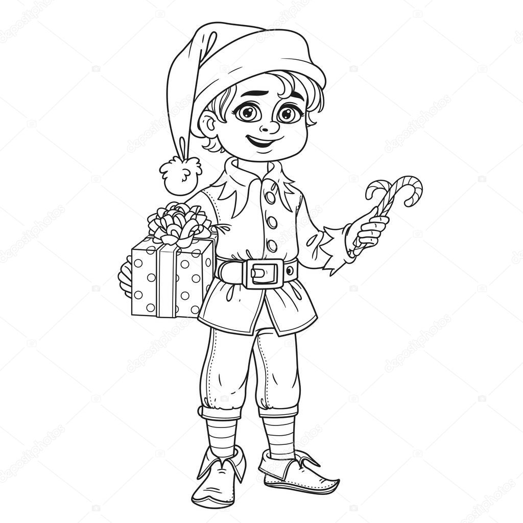 Cute boy in elf Santa's assistant costume outlined for coloring page