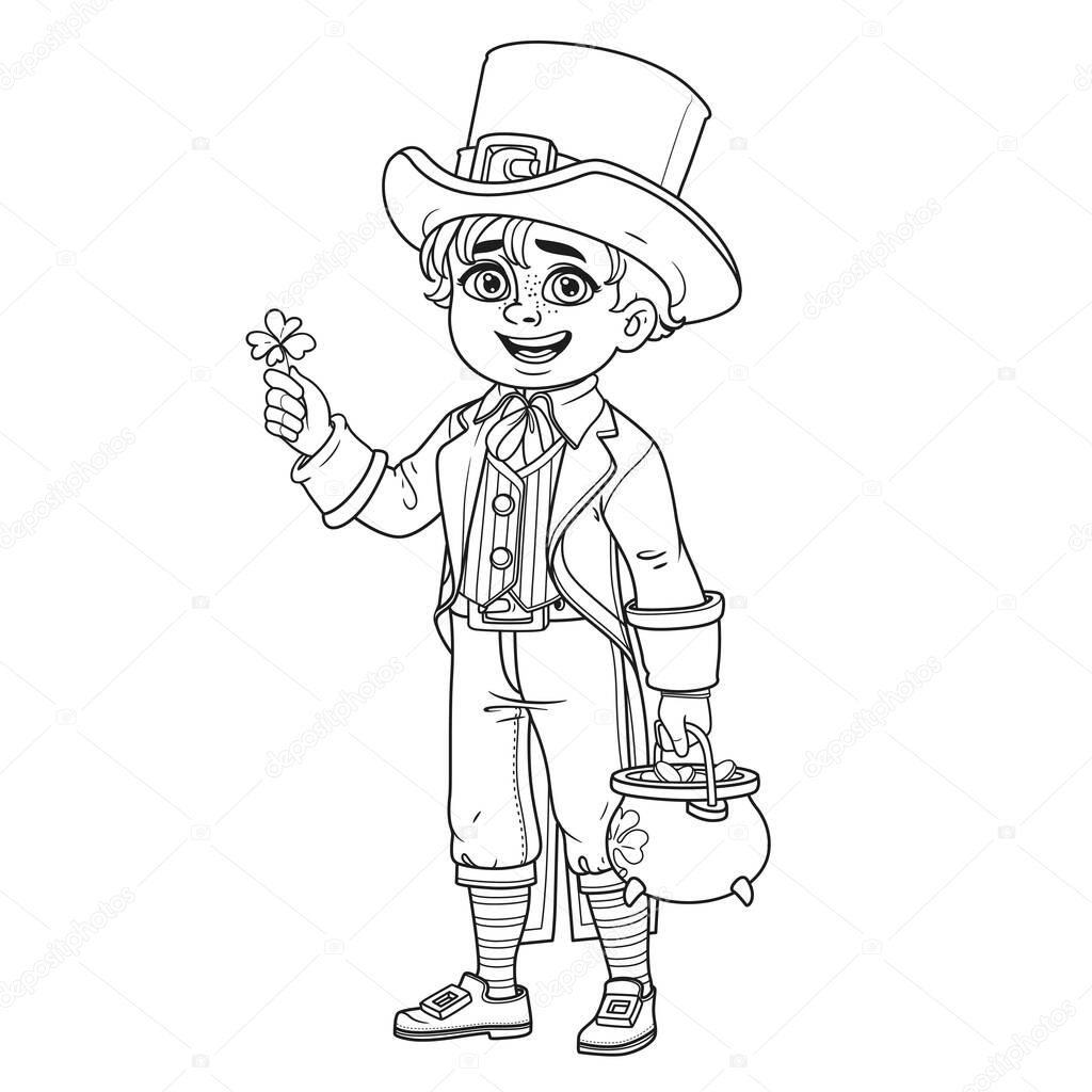Cute boy in leprechaun costume with a pot of gold outlined for coloring page
