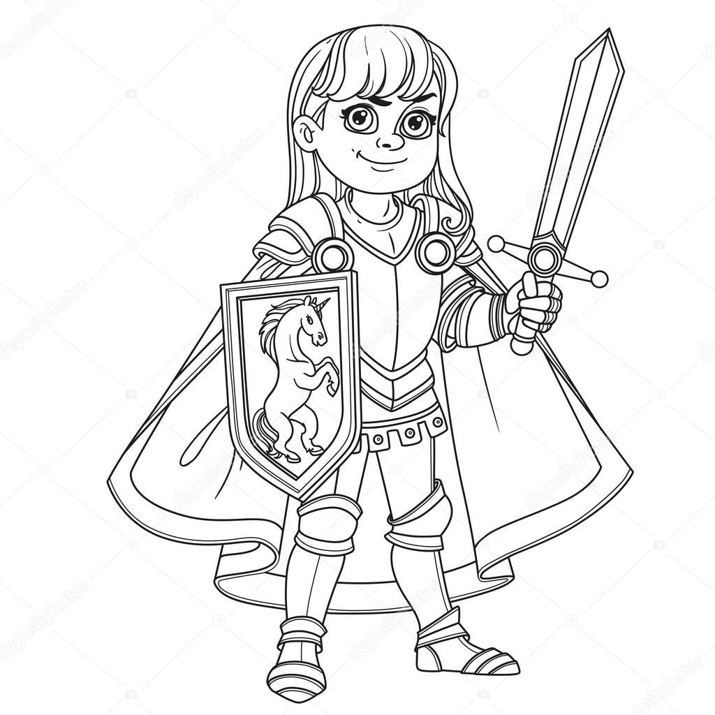 Cute boy in Knight or paladin in armor costume outlined for coloring page