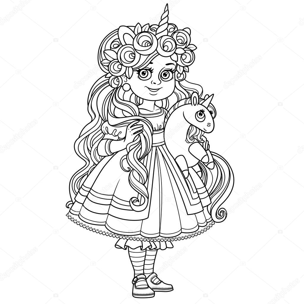 Cute girl in dress and tiara with a plush unicorn in hands outlined for coloring page