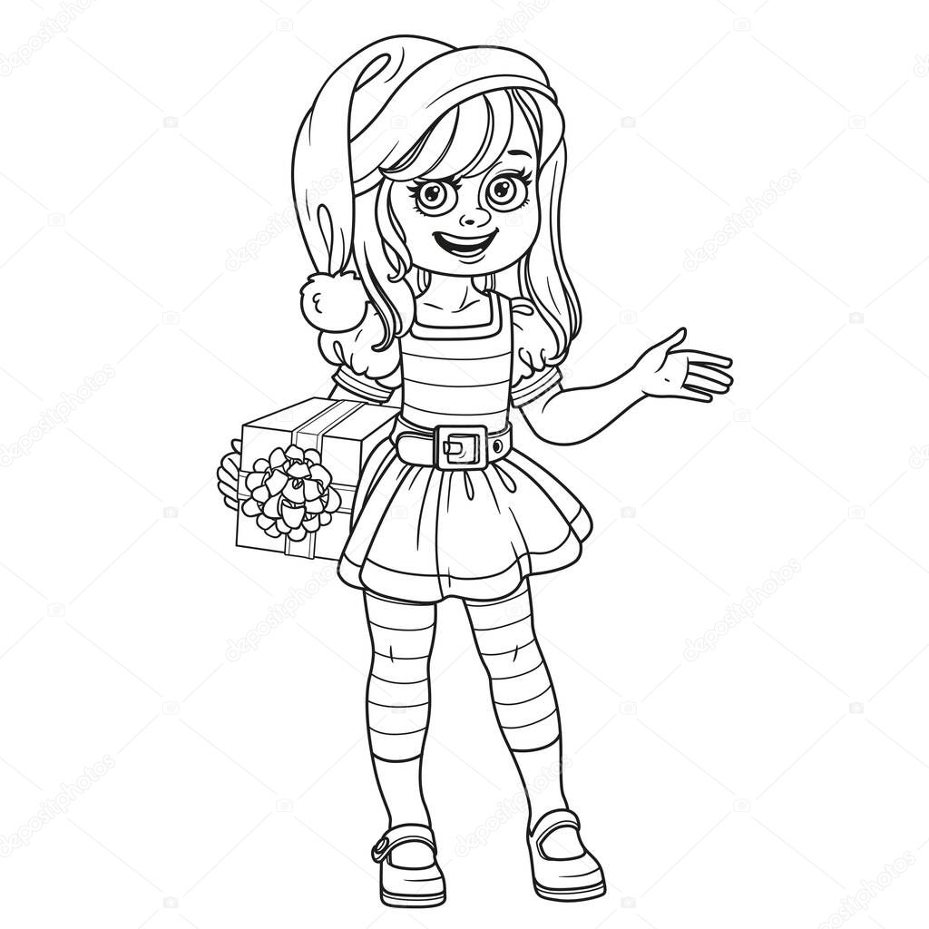 Cute girl in elf Santa's assistant costume outlined for coloring page