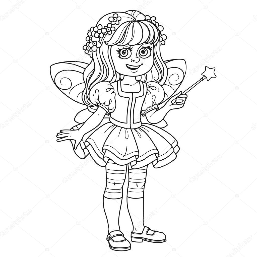 Cute girl in fairy costume  with a magic wand outlined for coloring page