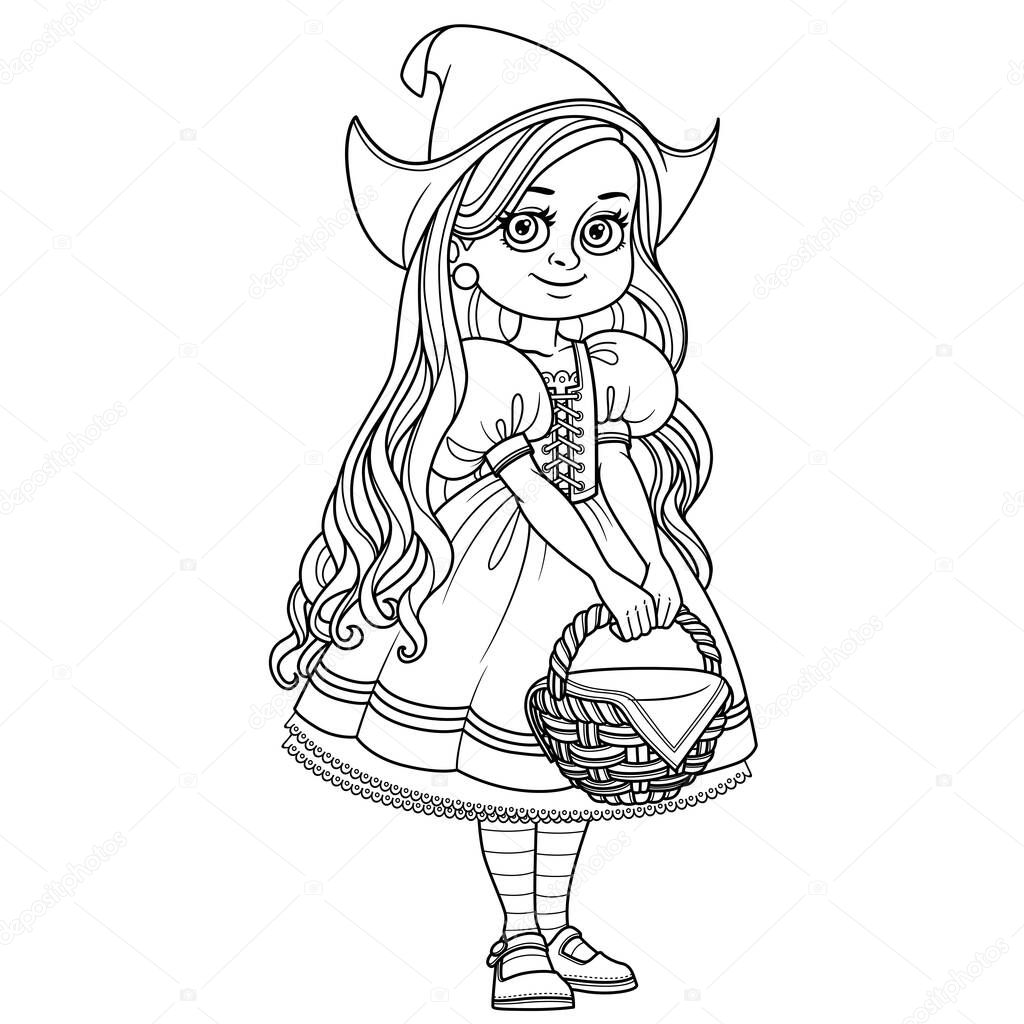 Cute girl in red cap costume with a basket in her hands costume outlined for coloring page