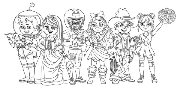 Kinder Karnevalskostümen Prinzessin Astronautin Urmensch American Football Spieler Cowboy Cheerleader — Stockvektor
