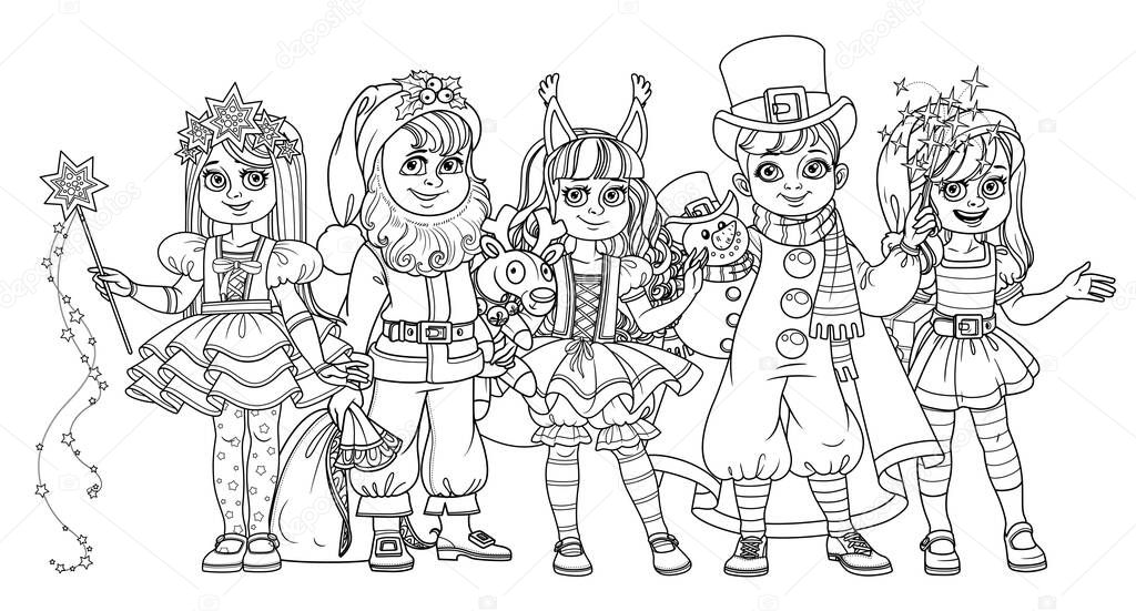 Children in carnival costumes Christmas characters Santa Claus,Squirrel, Christmas night, snowman, elf outlined for coloring page