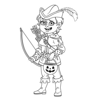 Robin Hood kostümlü şirin bir çocuk. Şeker için balkabağı torbası. Boyama sayfası için özet çizilmiş şeker mi şaka mı?