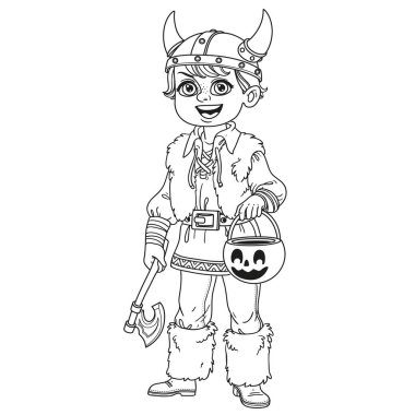 Viking kostümlü şirin bir çocuk. Şeker için balkabağı torbası var. Renkli sayfa için özet çizilmiş şeker mi şaka mı?