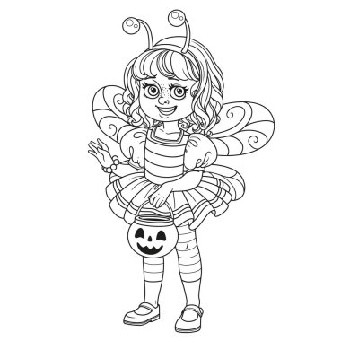 Arı kostümü giymiş şirin bir kız elinde şeker için balkabağı çantası tutuyor boyama sayfası için özetlenmiş şeker mi şaka mı?