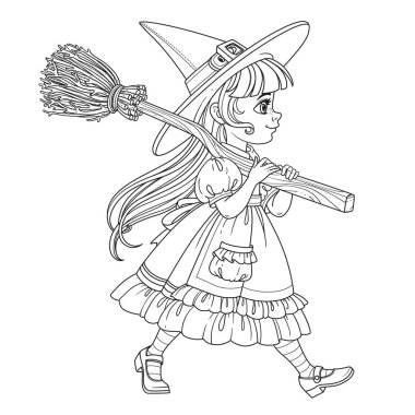 Cute girl in witch suit goes forward holding a broom for flights on her shoulder outlined for coloring page clipart