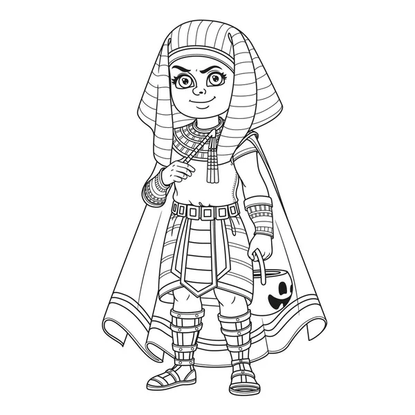 穿着埃及法老服装的可爱男孩 带着南瓜袋做糖果 调料或调料 上色页 — 图库矢量图片