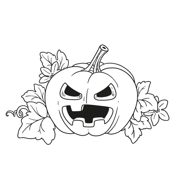 Lantern Pumpkin Cut Out Terrible Grin Leaves Outlined Coloring Page — Stock Vector