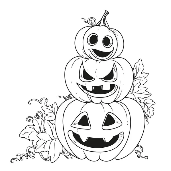 Three Lantern Pumpkins Cut Out Grin Stand One Another Outlined — Stock Vector