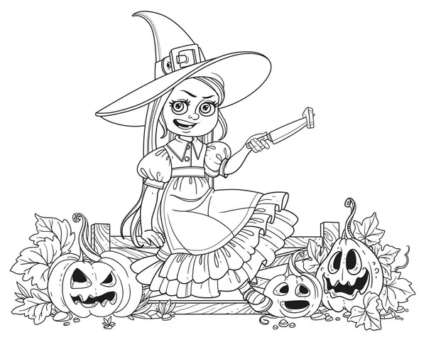 Cute Girl Witch Costume Sitting Fence Knife Cut Lantern Pumpkin — Stock Vector
