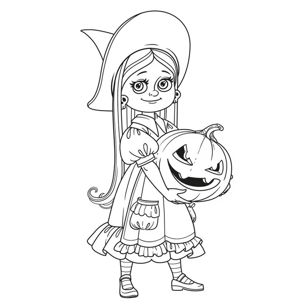 Cute Girl Witch Costume Holding Large Pumpkin Carved Grin Outlined — Stock Vector