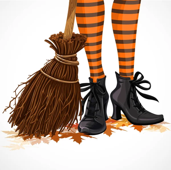 Halloween Gros Plan Jambes Sorcière Dans Les Bottes Avec Balai — Image vectorielle