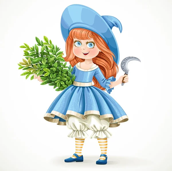 Cute Little Girl Witch Costume Holding Armful Herbs Sickle Isolated — Stock Vector