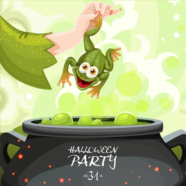 Affiche Pour Halloween Fête Jetant Crapaud Dans Chaudron Potion Magique — Image vectorielle